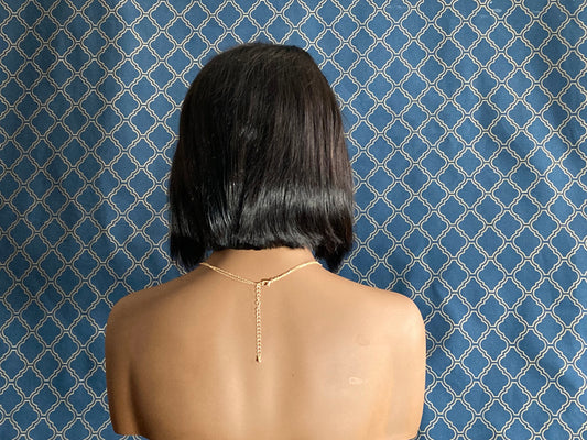 8 inch short black bob human hair lace front wig, side profile view