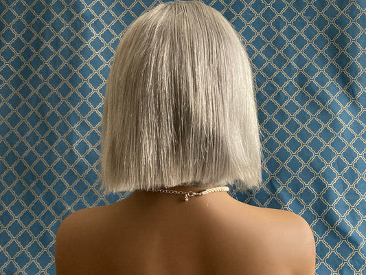 8 inch silver grey bob human hair lace front wig, side profile view
