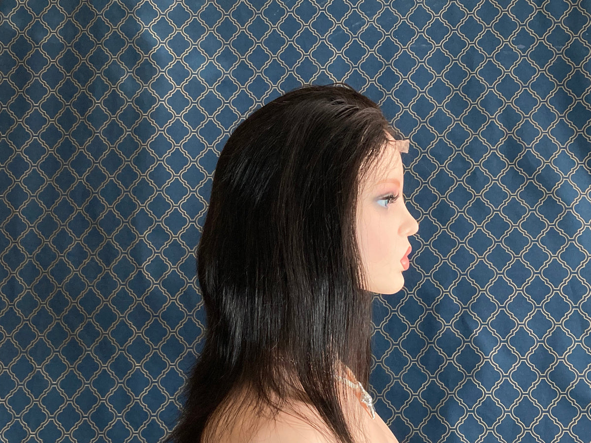 12 inch long dark brunette human hair lace front wig, angled view
