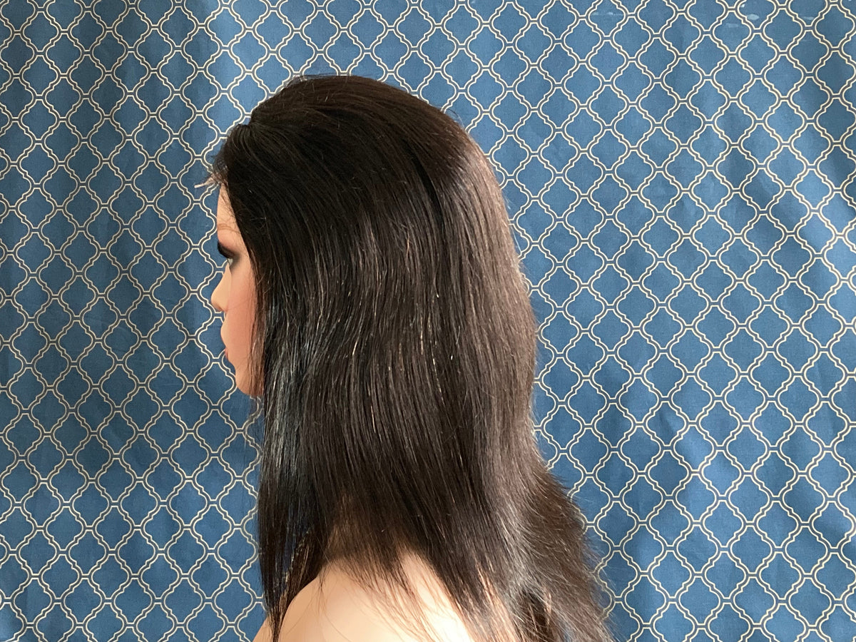 12 inch long dark brunette human hair lace front wig, back view showing length