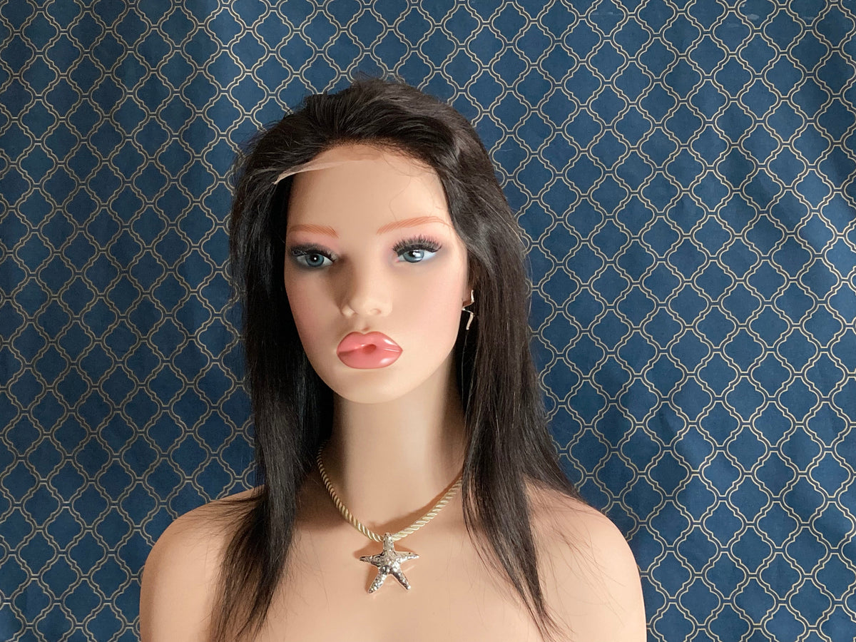 12 inch long dark brunette human hair lace front wig, front view on mannequin