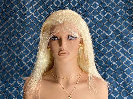 12 inch long platinum blonde human hair lace front wig, front view on mannequin