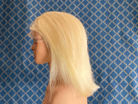12 inch long platinum blonde human hair lace front wig, side profile view