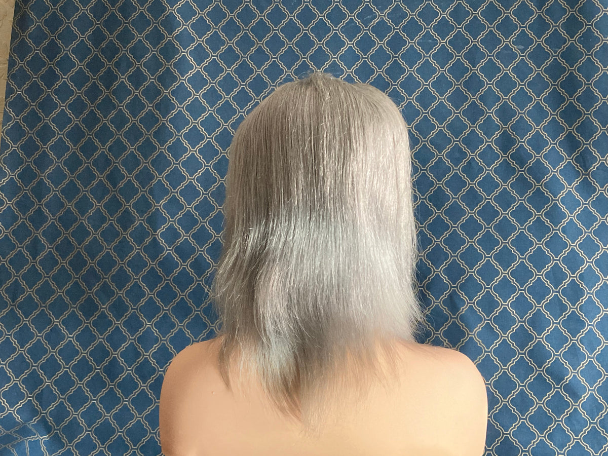 12 inch shoulder-length silver grey human hair lace front wig, side profile view