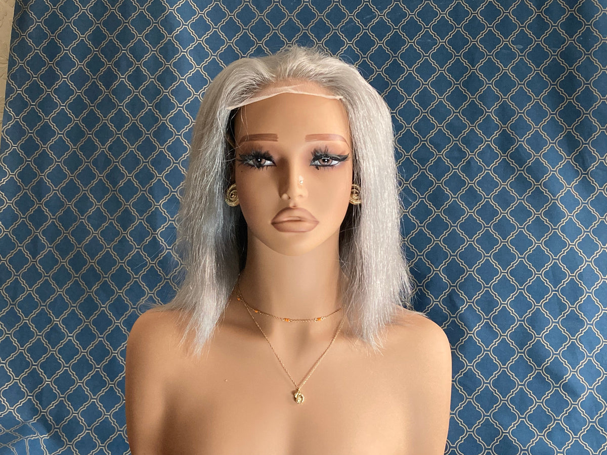 12 inch shoulder-length silver grey human hair lace front wig, front view