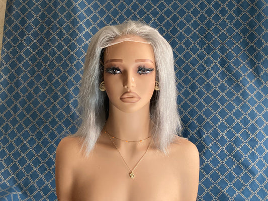 12 inch shoulder-length silver grey human hair lace front wig, front view