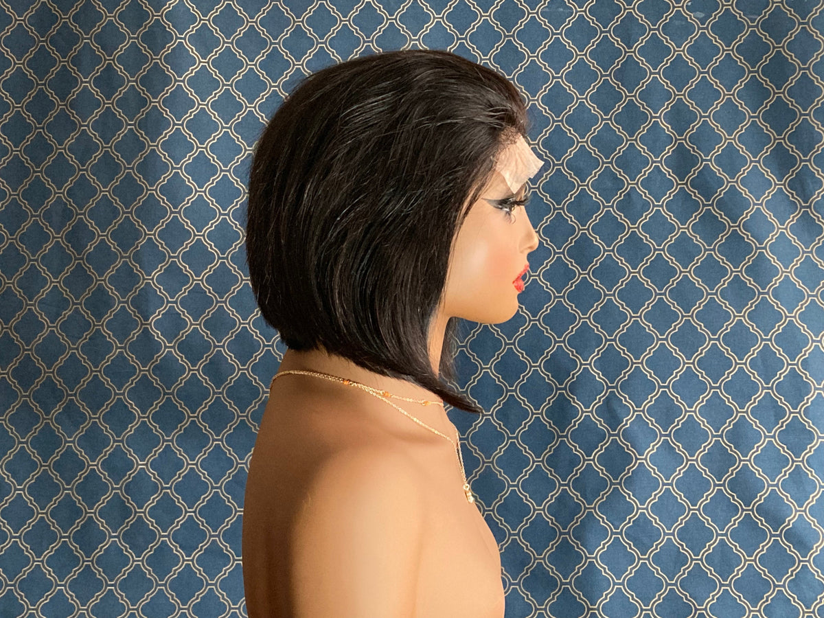 8 inch short black bob human hair lace front wig, front view
