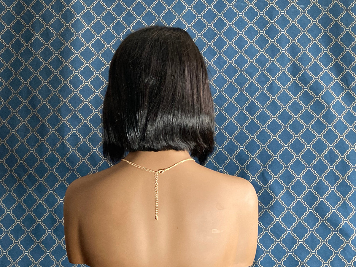 8 inch short black bob human hair lace front wig, back view
