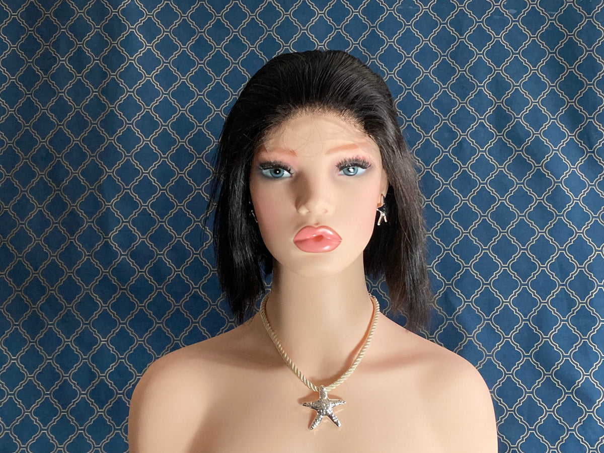 8 inch short black bob human hair lace front wig, angled side view