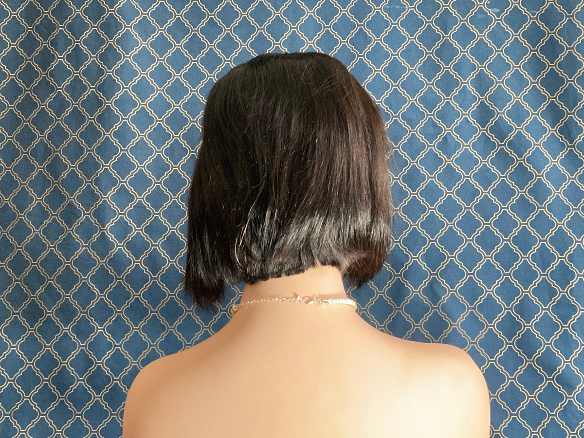 8 inch short black bob human hair lace front wig, front close-up