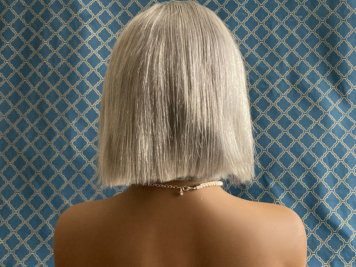 8 inch silver grey bob human hair lace front wig, side profile view