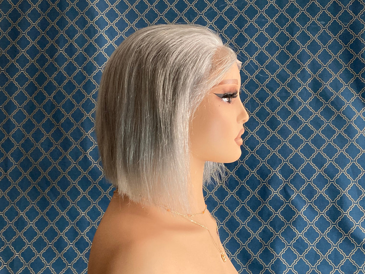 8 inch silver grey bob human hair lace front wig, side view close-up