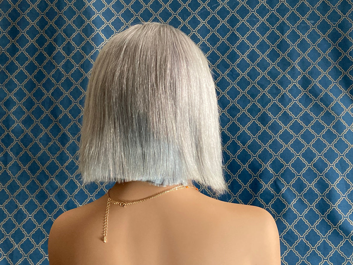 8 inch silver grey bob human hair lace front wig, back view showing length