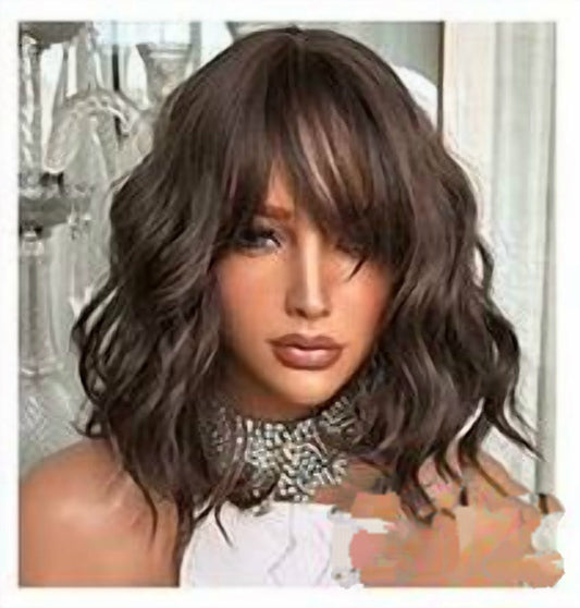 E12 12 inch balayage brunette wig with fringe, premium human hair