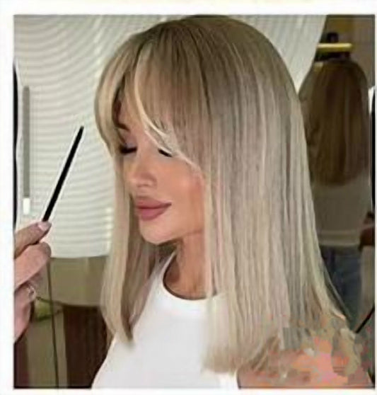 E6 12 inch balayage blonde wig with fringe, premium human hair